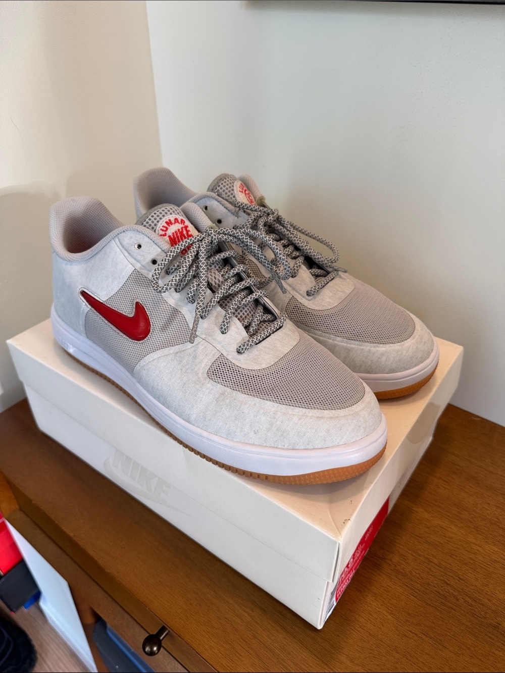 CLOT x Nike Men’s Lunar Force 1 Low Light Gray Sneakers with Red Swoosh